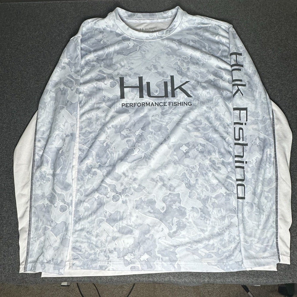 Huk Performance Fishing Shirt Men Long Sleeve Size L Blue & Grey Camo Vented UV